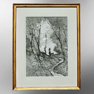 Henri Joseph Harpignies Ink Wash Path In The Undergrowth