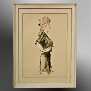 Watercolor By André Dignimont Portrait Of A Young Woman 