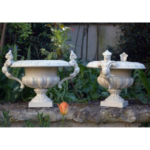 Pair Of 19th Century Chambord Medici Cast Iron Garden Vases