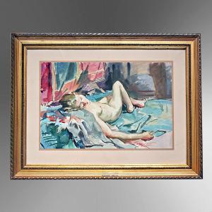 Reclining Nude Watercolor By Pierre Vallet