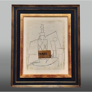 Pablo Picasso Original Lithograph "straw-covered Rum Bottle, Glass And The Newspaper" 