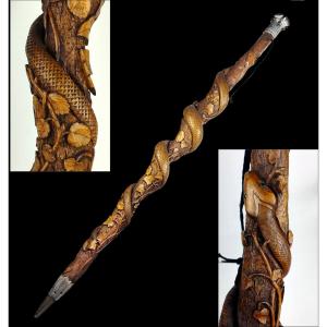 Carved Boxwood Walking Stick With A Serpent Motif, Signed, Folk Art, 19th Century