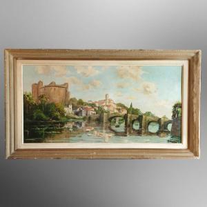 Clisson, Its Castle And The Vallée Bridge Signed M.boré Dated 1945
