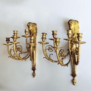 Important Pair Of Second Empire Gilt Bronze Nubian Sconces With Five Arms Of Light