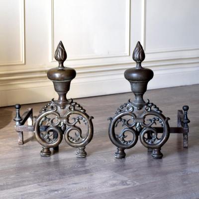 Pair Of Andirons And Bronze Nineteenth Iron