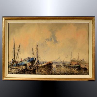 Willem Bos Watercolor Fishing Boats In The North Sea