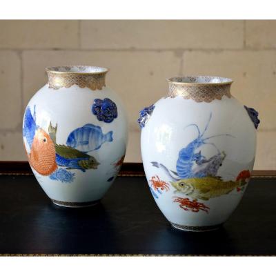 Pair Of Japanese Polychrome Porcelain Vases