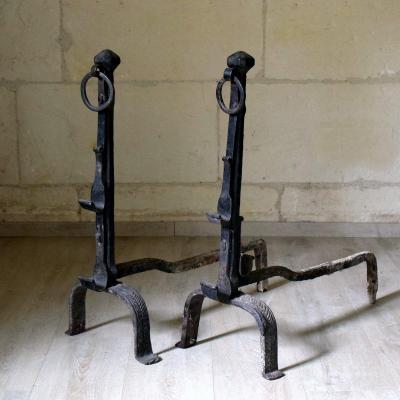 Large Pair Of Landiers, Andirons XVIIth Fern Decoration