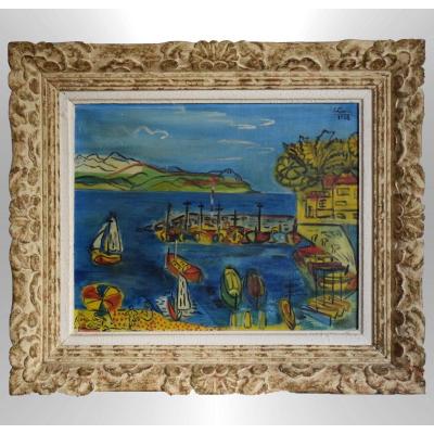 Mediterranean Beach And Harbor By Jean Gerin 1956