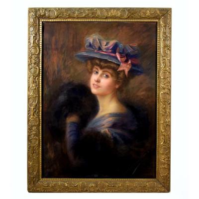 Large Impressionist Portrait Of An Elegant Circa 1900