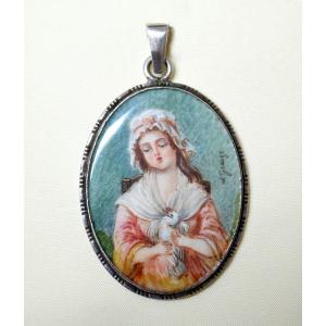 Miniature On Ivory Silver Locket Pendant