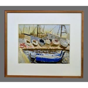 Gouache Boats In The Port By Jean Touret (ateliers De Marolles)