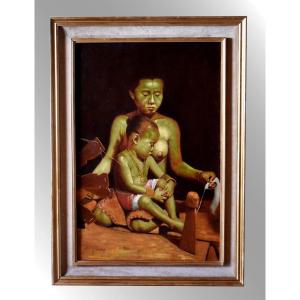 Large Painting Asian Spinner And Her Child