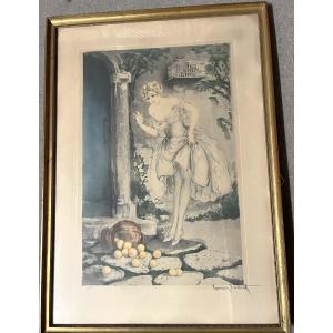 Louis Icart Engraving "woman Looking At An Overturned Basket Of Apples" 1888-1950