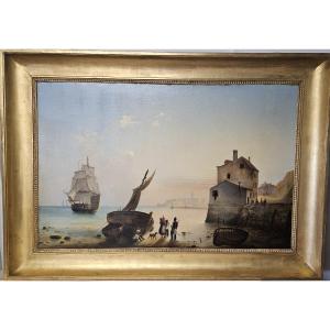 Large Seascape View From The Port Of Dieppe, Norman School, Circa 1860