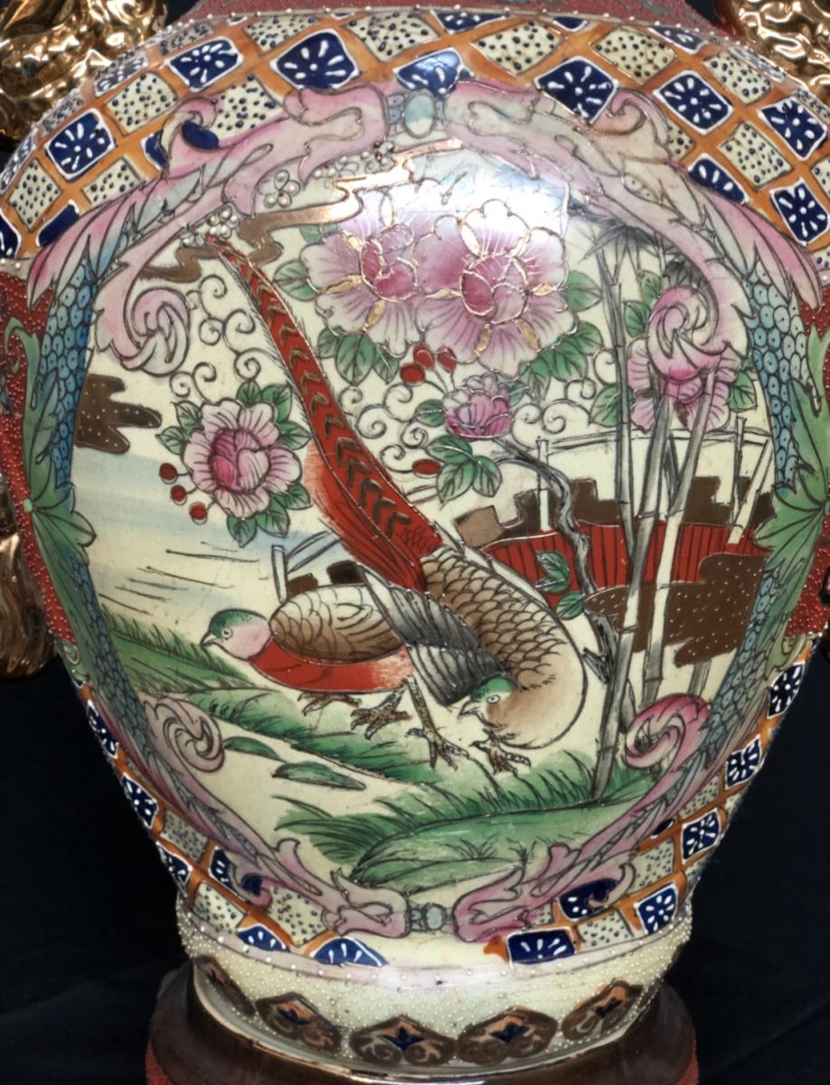 Vase En Céramique Japonaise Avec Oiseau Et Décor De Or-photo-2