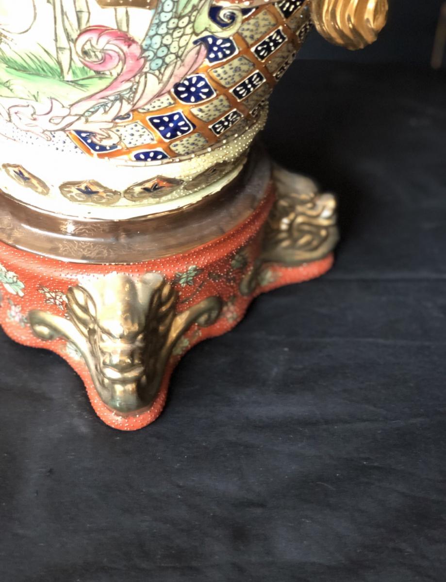 Vase En Céramique Japonaise Avec Oiseau Et Décor De Or-photo-1