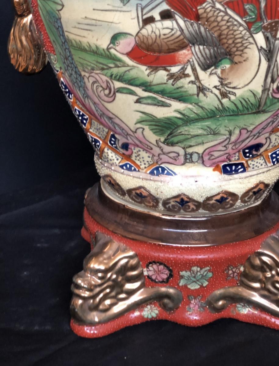Vase En Céramique Japonaise Avec Oiseau Et Décor De Or-photo-4