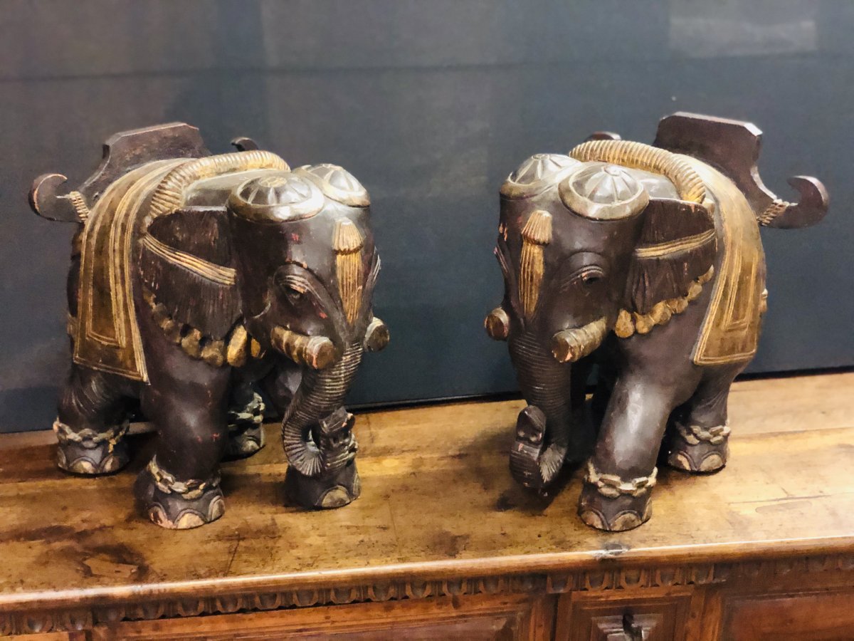 Paire d'éléphants En Bois Sculpté-photo-5