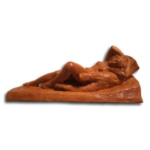 Art Deco Terracotta Sculpture Bouraine (1886-1948) Nude Lying In One Hand
