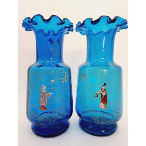 Genuine Pair Of Legras Vases Japanese Enameled Decor Late 19th Century Early 20th Century