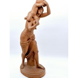 Terracotta After Clodion (claude Michel) 1738-1814 "bacchante With Young Faun"