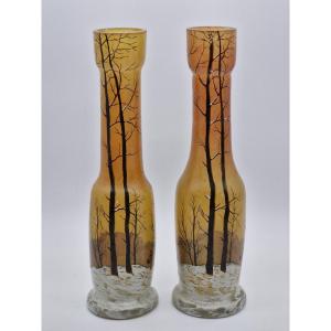 Pair Of Legras Vases With Snow Decoration