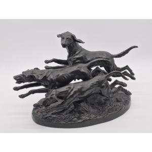 Bronze Hunting Dogs, 3 Saint Hubert Hounds, Paul Edouard Dreux 1855-1947