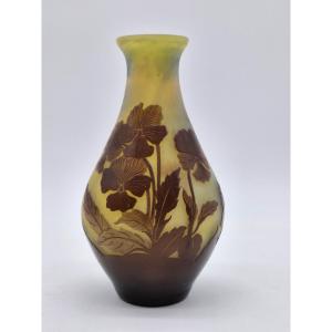 Gallé Vase With Acid-etched Pansy Decoration, Marbled Background