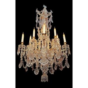 Baccarat Crystal Chandelier With Palmette Decoration, Bronze Mount With 12 Lights, 19th Century