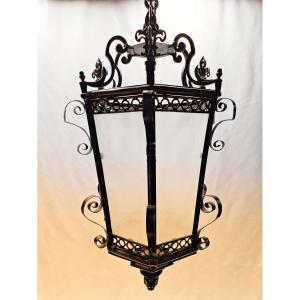 Large Hexagonal Lantern In Bronze And Brass, Fleur-de-lis Decoration – 19th / Early 20th Century