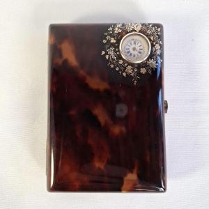 Gold And Silver Quilted Tortoiseshell Cigarette Case With Watch, Dance Card And Vermeil Stylus
