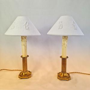 Pair Of Louis XVI Candlesticks Mounted As Lamps, Monogrammed Textile Lampshade, Bedside Lamp.  