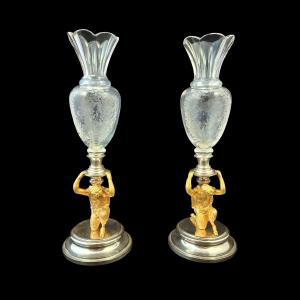 Pair Of Flower Pots, Baccarat Crystal, Decorated With Flowers And Butterflies, Gilt Bronze Bacchus.