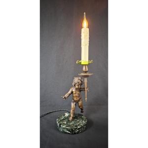Louis XVI Style Table Lamp – Cherub In Patinated Bronze And Green Marble, Angel, Angelot 1920