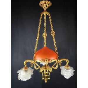 Art Deco Chandelier In Gilt Bronze & Orange Glass Paste, 1920s, Belle époque.  