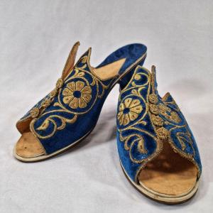 Pair Of Art Deco Mules – Orientalist/ottoman Style – Blue Silk Velvet & Gold Embroidery