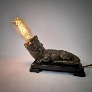 Art Deco Crocodile Lamp, Antique Smoker's Lighter, Colonial Decor, Circa 1930