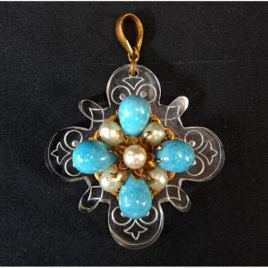 Art Deco Pendant In Engraved Plexiglass, Turquoise And Mother-of-pearl Glass Beads, Circa 1930