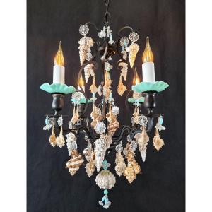 Cage Chandelier In The Style Of A Cabinet Of Curiosities, Black Patinated Brass, Turquoise Opaline Glass And Seashells