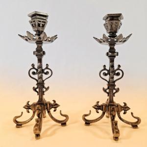 Pair Of Neo-gothic Silvered Bronze Candlesticks, Napoleon III Period, Fleur-de-lis