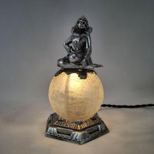 Art Deco Columbine Night Light - Art Deco Period - Crackled Glass Globe Circa 1930