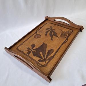 Art Nouveau Marquetry Tray – Chestnut Wood Decoration – In The Style Of Gallé Or Majorelle