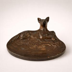 Patinated Bronze Trinket Tray – Reclining Dog – Signed M. Baise – Animal Art 