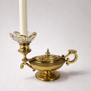 Antique-style Hand-held Pyrogenic Candlestick – Brass And Gilded Crystal, 19th Century  