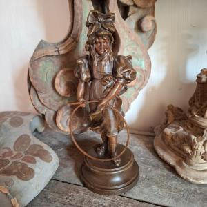 Anton Nelson – “children’s Games, Girl With Hoop” – Art Nouveau Sculpture In Patinated Spelter
