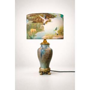 Pierrefonds Crystallized Glazed Stoneware Lamp, Lampshade Decorated With Birds, Naturalistic Landscape, 20th Century