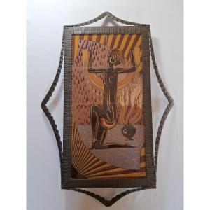 Art Deco Ceramic And Iron Wall Panel, Depicting A Vestal Virgin, Signed J. Franco & Nefto