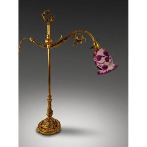 Bronze Desk Lamp, Glassware Signed d'Aurys (kralik & Sohn) Dlg école De Nancy, Gallé.