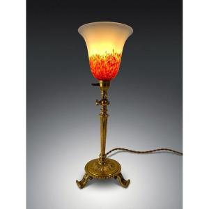 Convertible Bronze Wall Lamp & Tulip In Orange And Opalescent Pâte De Verre Circa 1920